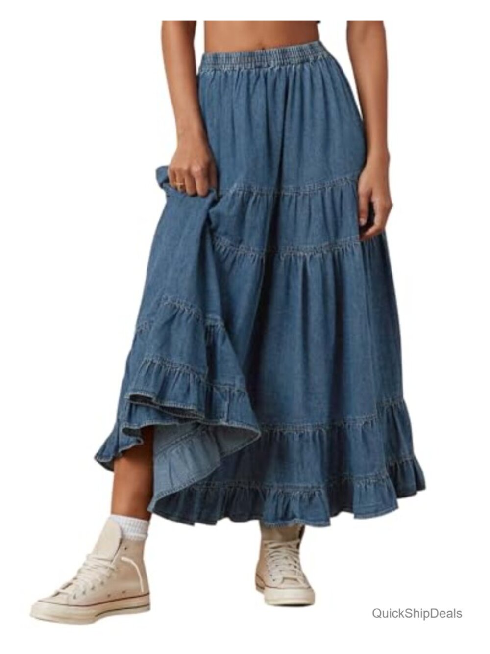 Women's Chambray Maxi Skirt High Waist Pleated Tiered Flowy Long Denim Skirt
